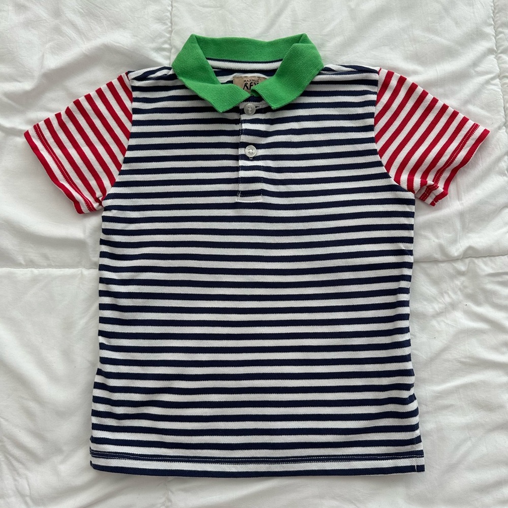 Green and Red Striped Polo Shirt with Color-Blocking